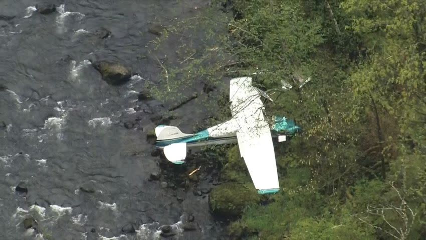 Puget Sound Fire said the plane was at the bottom of a 60-foot steep embankment and was partially submerged in a river.