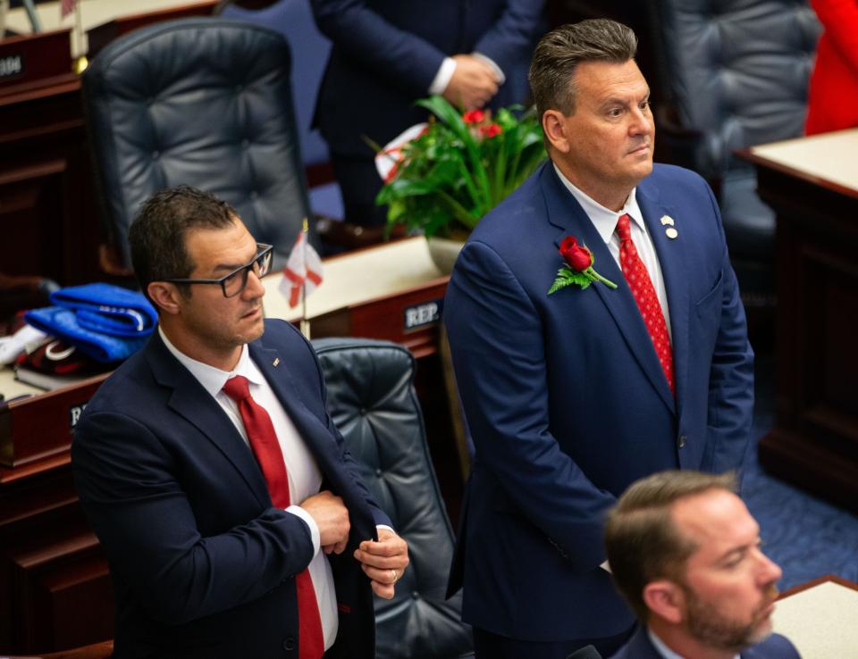 Rep. Fred Hawkins stands for the Pledge of Allegiance during the opening day of the 2023 Florida Legislative Session, Tuesday, March 7, 2023. 