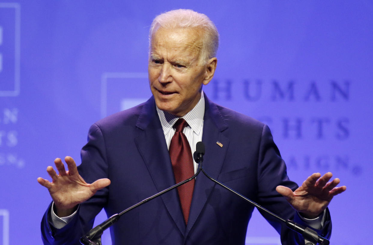 Former Vice President Joe Biden speaks in Columbus, Ohio, on Saturday. His absence from big gatherings in San Francisco that attracted several other Democratic presidential candidates highlighted his challenges with some progressive voters. (Photo: ASSOCIATED PRESS/Paul Vernon)