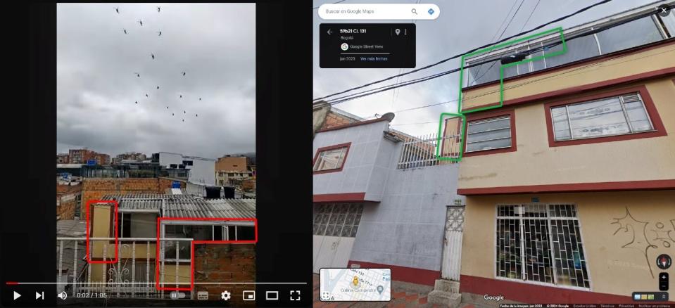 <span>Comparación entre una captura del video viral y una imagen en Google Street View, hecha el 29 de mayo de 2024</span>