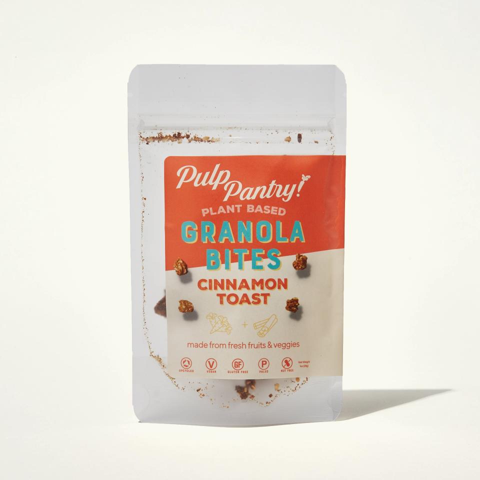 <p>“A better for-you version of everyone’s favorite childhood cereal. The base is made from organic carrot juice pulp, seeds, coconut oil, green banana flour, cinnamon, and pink salt.”</p> <p><em>Buy it: <a rel="nofollow noopener" href="https://getintothebubble.com/products/cinnamon-toast-clusters" target="_blank" data-ylk="slk:Pulp Pantry Cinnamon Toast Granola Bites, $8.;elm:context_link;itc:0;sec:content-canvas" class="link ">Pulp Pantry Cinnamon Toast Granola Bites, $8.</a></em></p>