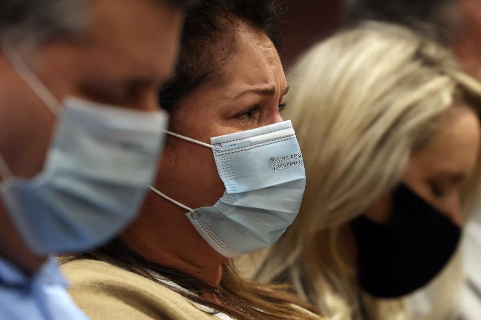 Jennifer Montalto tears up in court during Marjory Stoneman Douglas High School shooter Nikolas Cruz’s guilty plea on all 17 counts of premeditated murder and 17 counts of attempted murder in the 2018 shootings. Montalto’s daughter, Gina Montalto, 14, was killed in the massacre. This at the Broward County Courthouse in Fort Lauderdale on Wednesday, Oct. 20, 2021.