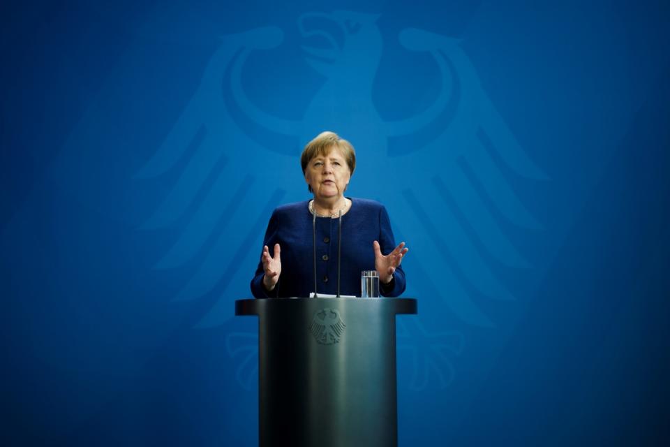 German Chancellor Angela Merkel briefs the media about efforts to combat the coronavirus at the chancellery in Berlin on April 6, 2020.  