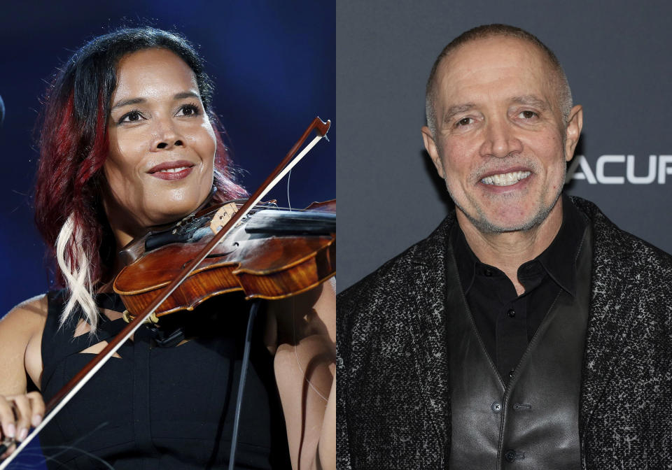 Rhiannon Giddens performs during rehearsal for the Boston Pops Fireworks Spectacular in Boston, on July 3, 2018, left and Michael Abels attends the premiere of "Landscape with Invisible Hand" during the 2023 Sundance Film Festival in Park City, Utah on Jan. 23, 2023. Giddens and Abels won the Pulitzer Prize for music for their opera "Omar," about an Islamic scholar captured and sold into slavery. (AP Photo)