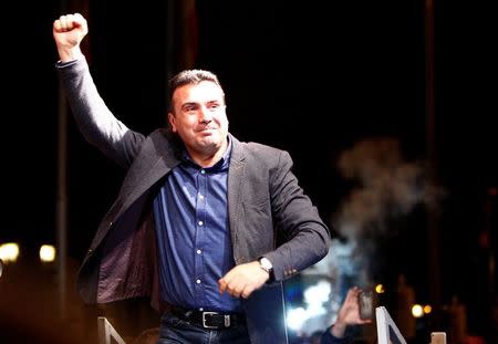 The leader of the ruling Social Democratic Union of Macedonia (SDSM) and Prime Minister Zoran Zaev goes on stage to declare victory for the local elections in Skopje, Macedonia, October 16, 2017. REUTERS/Ognen Teofilovski