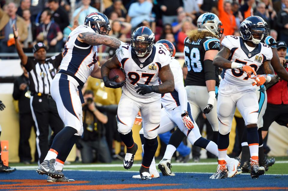 Feb 7, 2016; Santa Clara, CA, USA; Denver Broncos defensive end Malik Jackson celebrates after recovering a fumble for a touchdown against the Carolina Panthers in Super Bowl 50 at Levi's Stadium. Mandatory Credit: Robert Deutsch-USA TODAY Sports