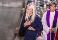 Norway's Crown Princess Mette-Marit after a service in Oslo Cathedral, Oslo, Sunday June 26, 2022, after an attack in Oslo on Saturday. A gunman opened fire in Oslo’s nightlife district early Saturday, killing two people and leaving more than 20 wounded in what the Norwegian security service called an "Islamist terror act" during the capital’s annual LGBTQ Pride festival. (Javad Parsa/NTB via AP)