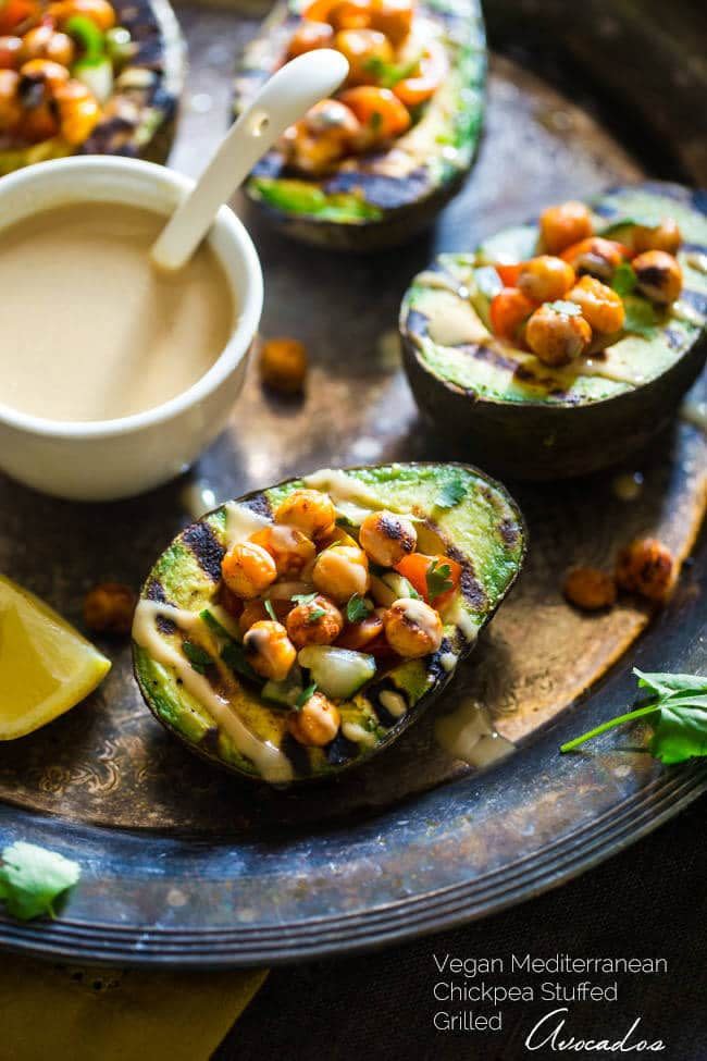 Mediterranean Grilled Avocados with Chickpeas and Tahini