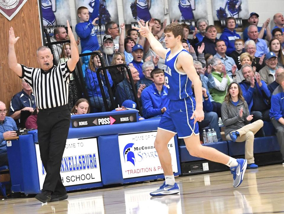 Berlin Brothersvalley's Pace Prosser reacts after one of his five first-half 3-pointers against Lancaster Country Day in a PIAA Class 1A boys basketball quarterfinal, March 15, in McConnellsburg.