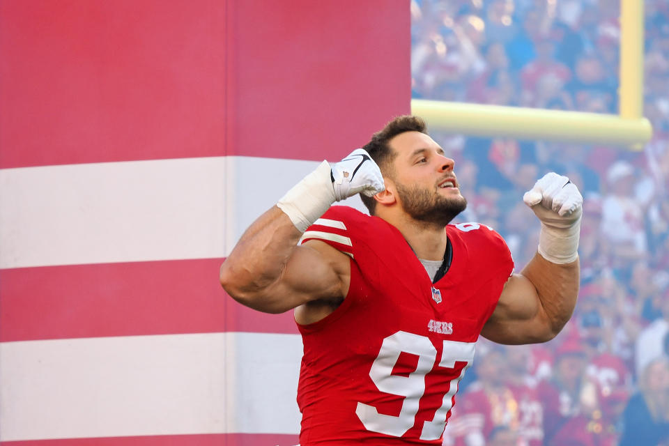 Jan 28, 2024; Santa Clara, California, USA; San Francisco 49ers defensive end Nick Bosa (97) is introduced before the NFC Championship football game against the Detroit Lions at Levi’s Stadium. Mandatory Credit: Kelley L Cox-USA TODAY Sports