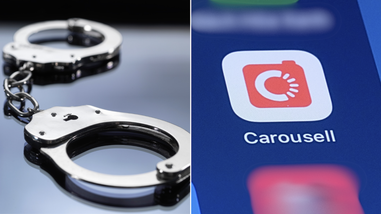 A pair of handcuffs (left) and Carousell app on handphone (Photos: Getty Images) 