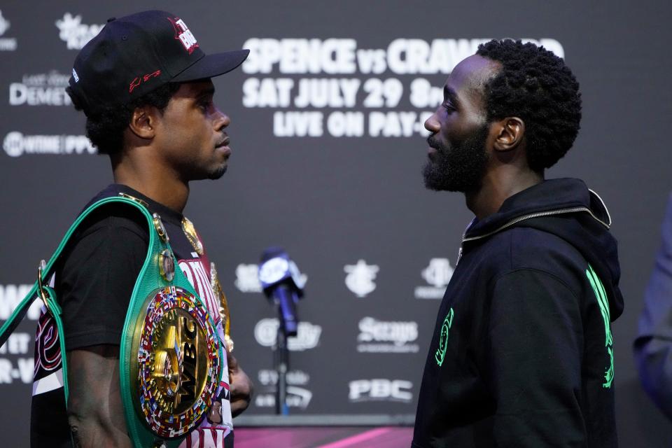 Errol Spence Jr., left, and Terence Crawford pose during a news conference Thursday, July 27, 2023, in Las Vegas. The two are scheduled to fight in an undisputed welterweight championship boxing match Saturday in Las Vegas. (AP Photo/John Locher)