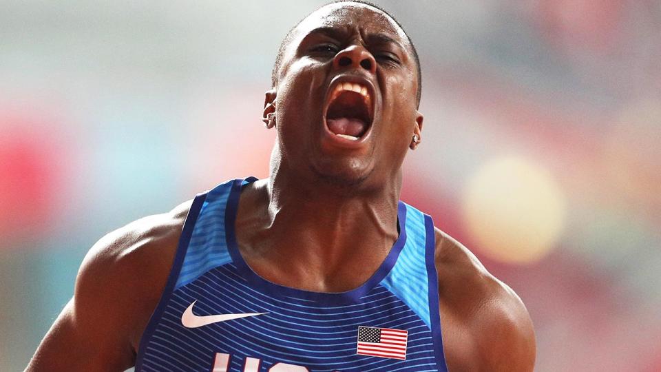 World 100-metres champion Christian Coleman celebrating after a race.