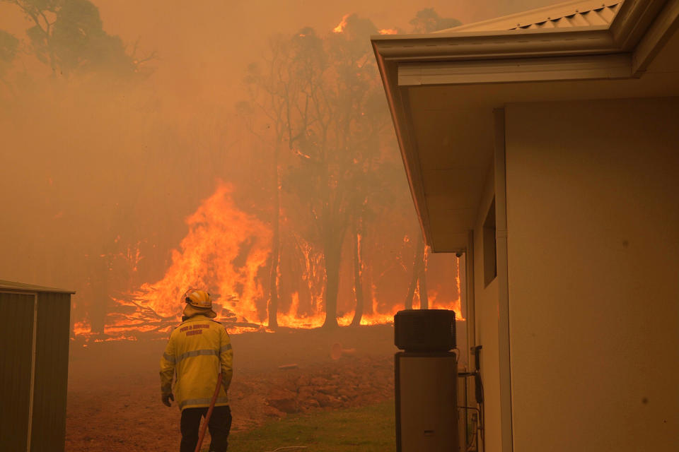 In this photo provided by Department of Fire and Emergency Services, a firefighter works at a fire near Wooroloo, northeast of Perth, Australia, Tuesday, Feb. 2, 2021. An out-of-control wildfire burning northeast of the Australian west coast city of Perth has destroyed dozens of homes and was threatening more. (Evan Collis/DFES via AP)