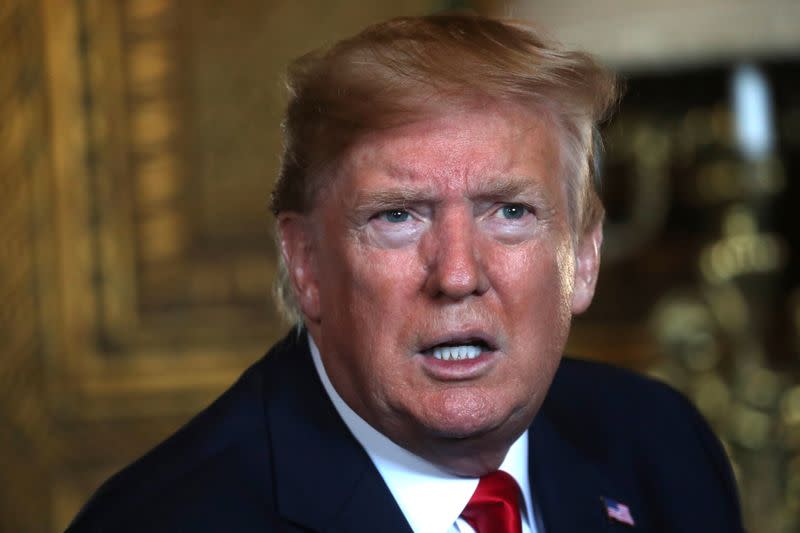 U.S. President Donald Trump participates in a video teleconference with members of the U.S. military at Trump's Mar-a-Lago resort in Palm Beach