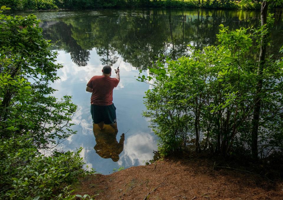 A fisherman casts a line from the bank of Cooks Pond Tuesday in Worcester.