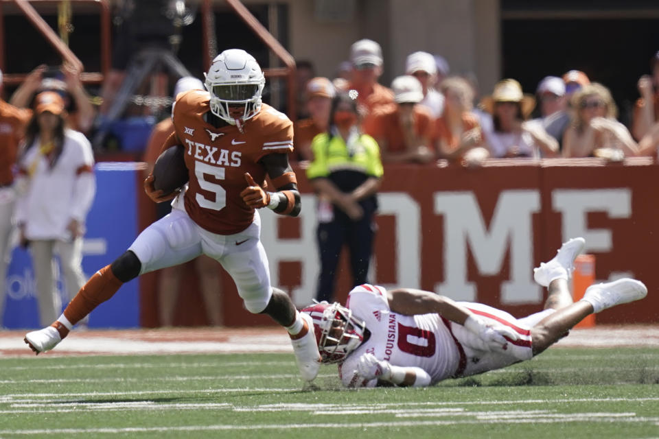 Texas' D'Shawn Jamison (5) returns a punt against Louisiana-Lafayette during the first half of an NCAA college football game Saturday, Sept. 4, 2021, in Austin, Texas. (AP Photo/Eric Gay)