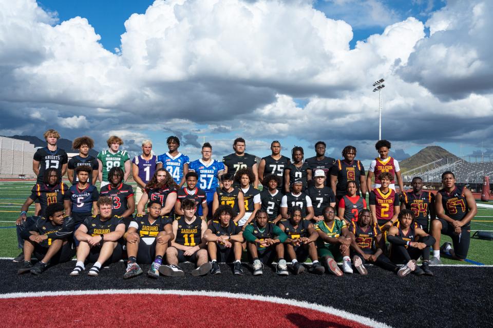 Some of Arizona's top high school football prospects pose for a group photo as they gather at Desert Mountain High School to meet recruiting analyst Tom Lemming on April 1, 2024, in Scottsdale.