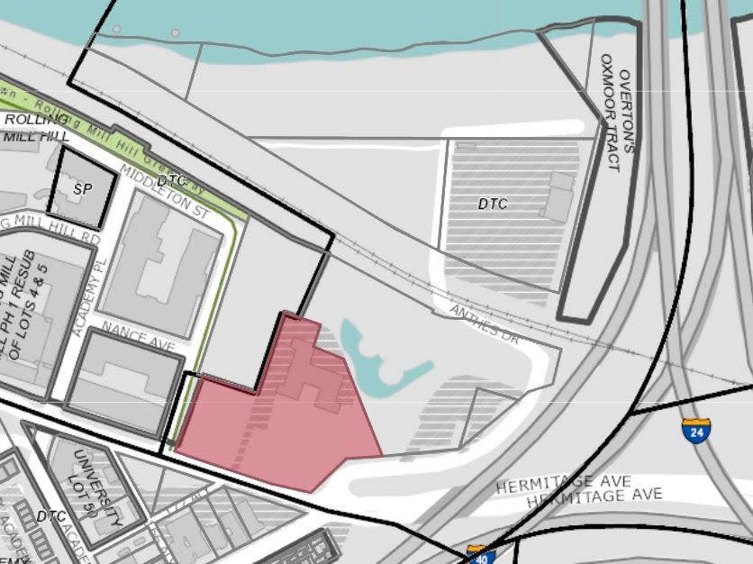 Nashville Mayor John Cooper's October 2021 capital spending plan includes a proposal to purchase state-owned land at 88 Hermitage Ave. for $20 million. Cooper voted against purchasing the plot (highlighted in red) for $11.3 million in 2019 for use as a site for a new high school.