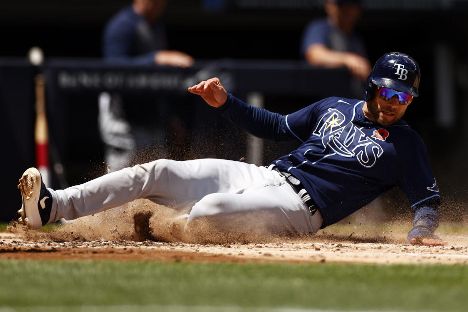 Tampa Bay Rays' Kevin Kiermaier scores a run during the third inning of a baseball game against the New York Yankees on Monday, May 31, 2021, in New York. (AP Photo/Adam Hunger)