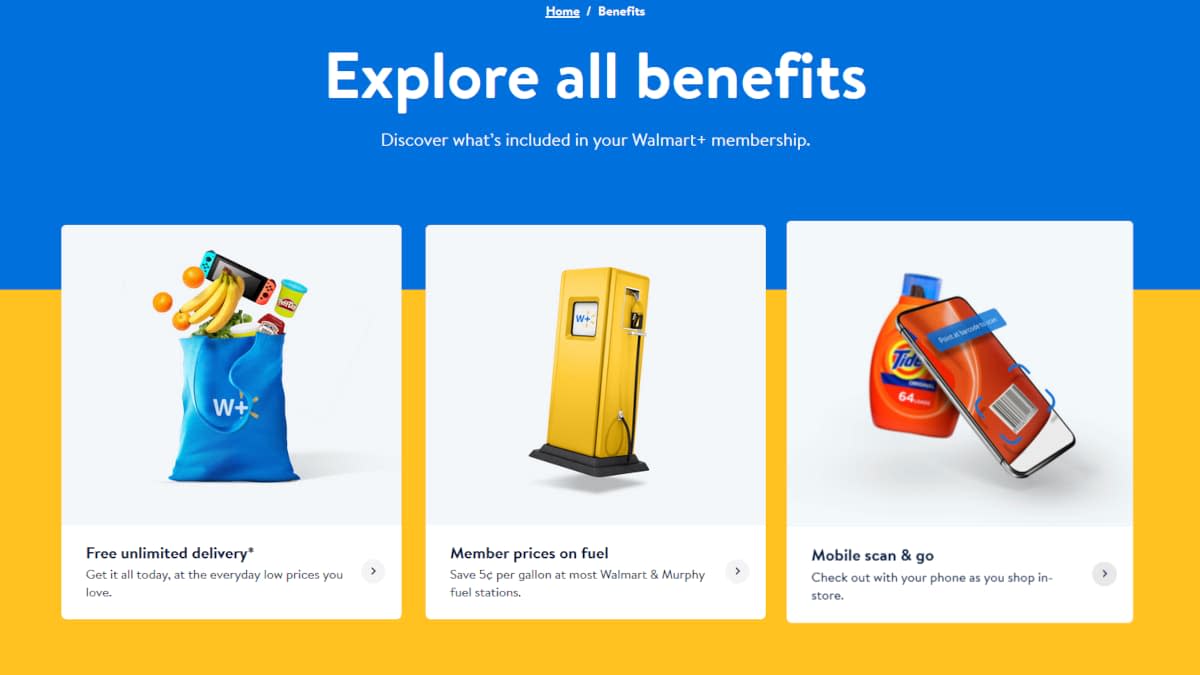 Walmart Plus offers Mobile Scan and Go, free delivery on groceries and fuel discounts. (Photo: Walmart.com)