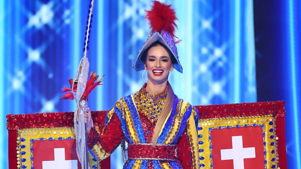 Miss Switzerland's look was modeled on the Swiss Guard's uniform (though her sword was bedazzled). - Hector Vivas/Getty Images