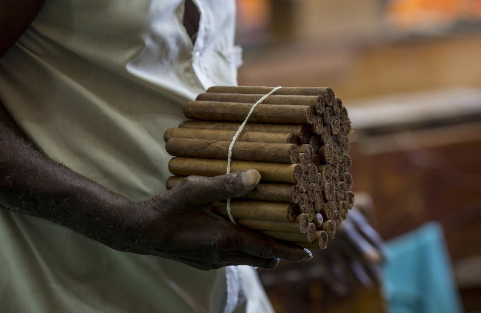 A worker carries hand-twisted cigars in his hand at the La Corona Tobacco factory where a worker reads to them in Havana, Cuba, Tuesday, June 29, 2021. Readers are on staff at the state-owned factories, a job the government has declared a “cultural patrimony of the nation,” and workers elect the readers and vote on what will be read. (AP Photo/Ismael Francisco)