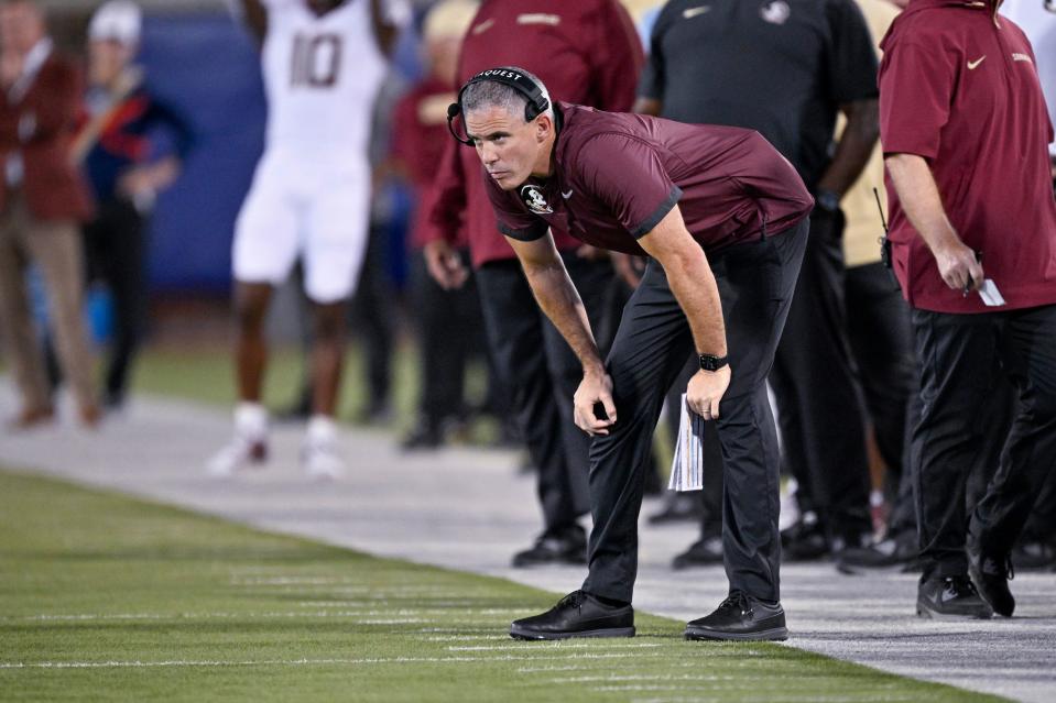 Sep 28, 2024; Dallas, Texas, USA; Florida State Seminoles head coach Mike Norvell looks on during the second quarter against the Southern Methodist Mustangs at Gerald J. Ford Stadium. Mandatory Credit: Jerome Miron-Imagn Images