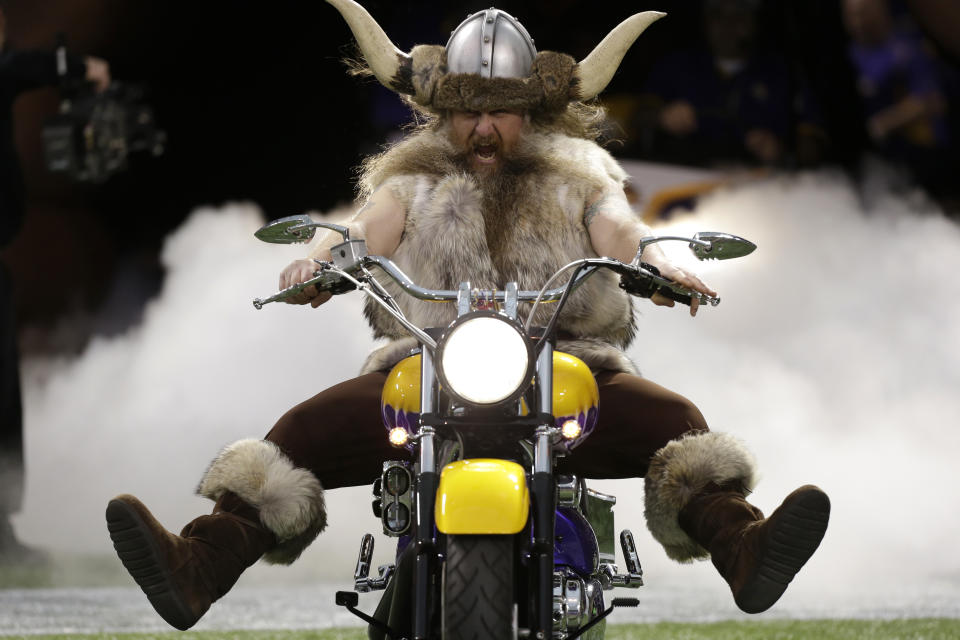 <p>Minnesota Vikings mascot Ragnar the Viking rides onto the field before an NFL football game between the Vikings and the Detroit Lions in Minneapolis. </p>