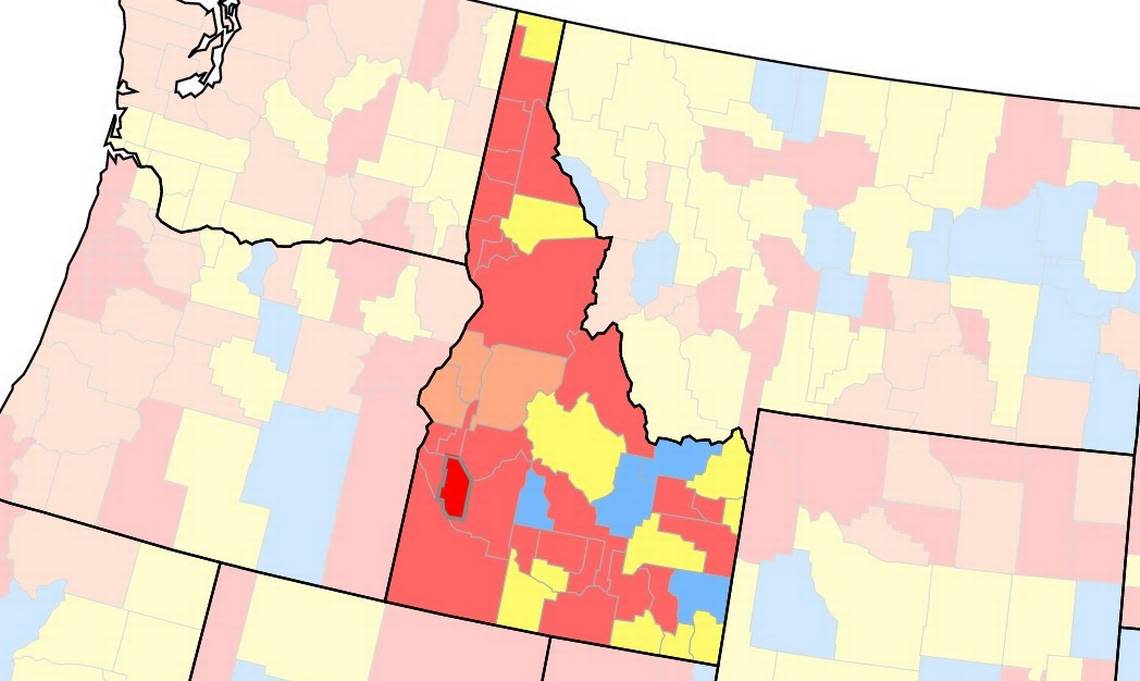 The U.S. Centers for Disease Control and Prevention’s COVID-19 community-transmission map by county, captured Tuesday. In this screenshot, Ada County is highlighted with a thicker border. Green means low transmission, yellow means moderate transmission, pink-orange means substantial transmission, and red means high transmission.