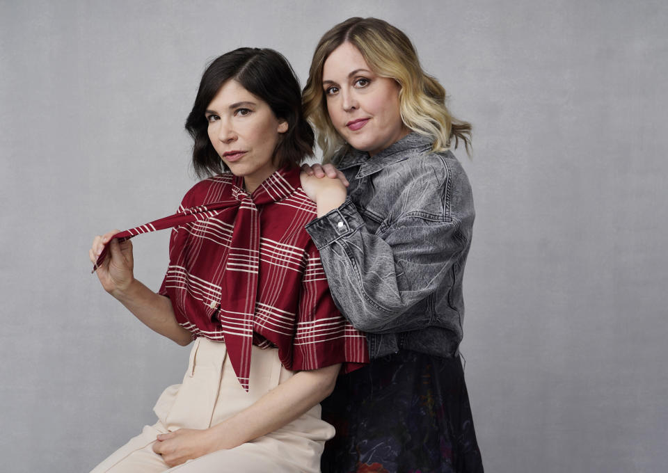 Carrie Brownstein, left, and Corin Tucker of the band Sleater-Kinney pose for a portrait in Los Angeles on Monday, Sept. 25, 2023, to promote their album "Little Rope." (AP Photo/Chris Pizzello)