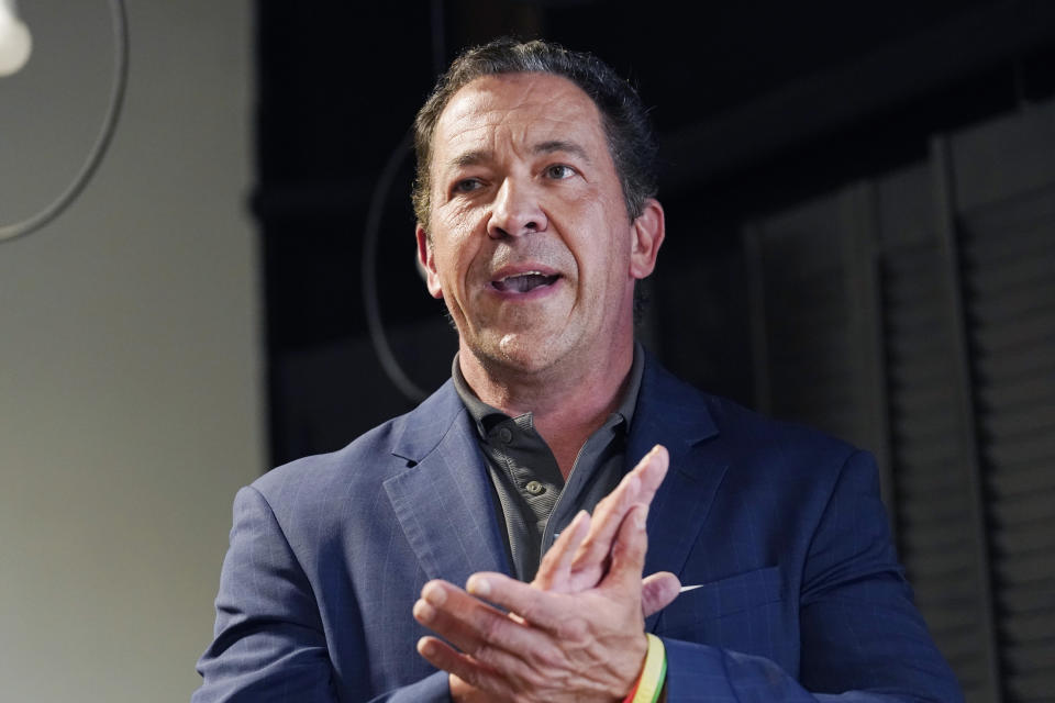 State Sen. Chris McDaniel, R-Ellisville, emphasizes the differences between himself and his party primary opponent Republican Lt. Gov. Delbert Hosemann during the Scott County Republican Rally in Forest, Miss., Tuesday, July 18, 2023. The two men are locked in a contentious primary, with campaigns trading barbs in television ads and at campaign events. (AP Photo/Rogelio V. Solis)