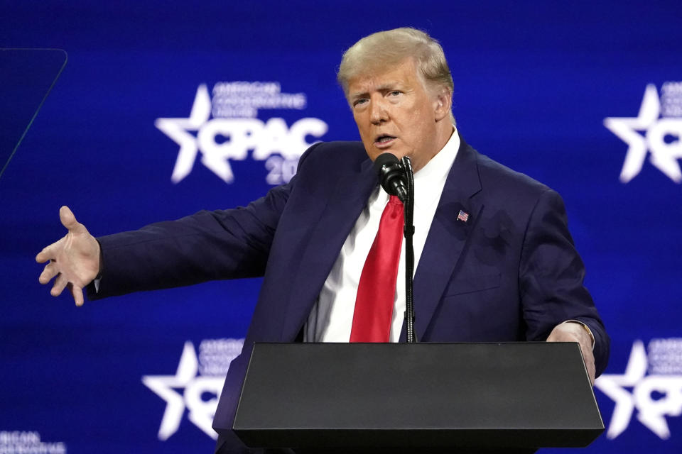 Former president Donald Trump speaks at the Conservative Political Action Conference (CPAC) Sunday, Feb. 28, 2021, in Orlando, Fla. (AP Photo/John Raoux)