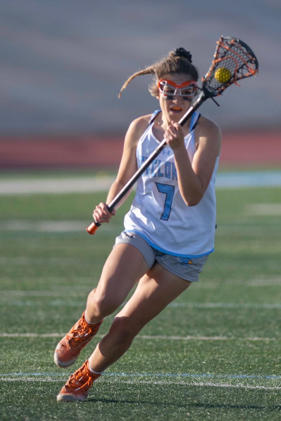 Pueblo West's Morgan Avila hustles toward the goal during a game against Rampart at Cyclone Stadium on Thursday, April 21, 2022.