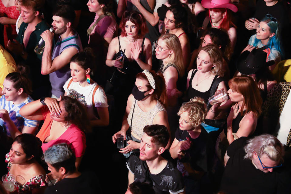 Hundreds gather at an inside theatre production in London on Monday. Source: Getty