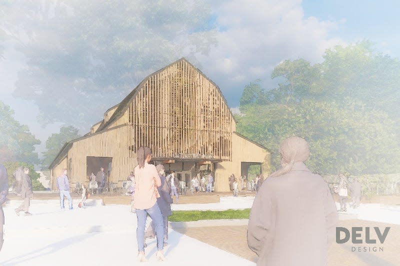 A rendering of the future multiuse Beck Barn slated for construction in the Discovery Park District at Purdue. The salvaged barn space will offer a farm-to-table restaurant established by the Cunningham Restaurant Group. (Image provided by DELV Design)