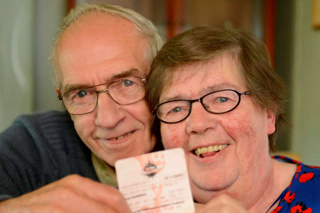 Former soldier Geordie and wife Betty Rhodick, from Lochgilphead, Argyllshire, Scotland, June 9, 2015, celebrating winning Â£1m on the lottery after wife Betty found their winning ticket in the bin. See SWNS story SWLOTTO; A couple have become millionaires after rescuing a winning lottery ticket - from a BIN. Former soldier Geordie Rhodick, 71, threw his Euromillions ticket in the waste after a quick check of his numbers revealed he had won nothing in the main draw. But his wife Betty, 63, fished it out and took it to their local shop - to be told they had struck it lucky in the Millionaire Maker raffle. After discovering he had landed a seven-figure windfall, the army veteran had no thoughts of immediately spending his fortune.