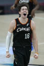 Cleveland Cavaliers' Cedi Osman reacts during double overtime of an NBA basketball game against the Brooklyn Nets, Wednesday, Jan. 20, 2021, in Cleveland. The Cavaliers won 147-135 in double-overtime. (AP Photo/Tony Dejak)