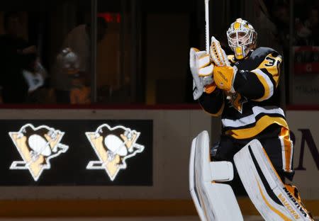 Oct 7, 2017; Pittsburgh, PA, USA; Pittsburgh Penguins goalie Matt Murray (30) reacts after being named first star of the game after recording a 4-0 shutout of the Nashville Predators at PPG PAINTS Arena. Mandatory Credit: Charles LeClaire-USA TODAY Sports