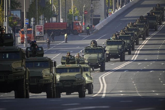 Military vehicles move toward Red Square to attend a Victory Day military parade in Moscow, Russia, Tuesday, May 9, 2023, marking the 78th anniversary of the end of World War II. (AP Photo/Alexander Zemlianichenko)