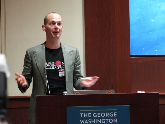 Mars One co-founder Bas Lansdorp addresses the Million Martian Meeting in Washington, D.C. on Aug. 3, 2013 to discuss plans for a Mars colony mission in 2023.