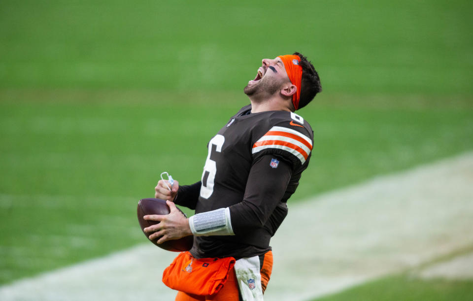 Jan 3, 2021; Cleveland, Ohio, USA; Cleveland Browns quarterback Baker Mayfield (6) celebrates after defeating the Pittsburgh Steelers 24-22 at FirstEnergy Stadium. Mandatory Credit: Scott Galvin-USA TODAY Sports