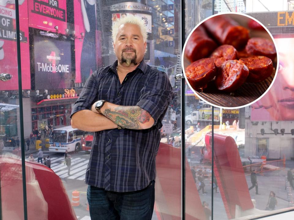 guy fieri and chorizo sausage in white circle