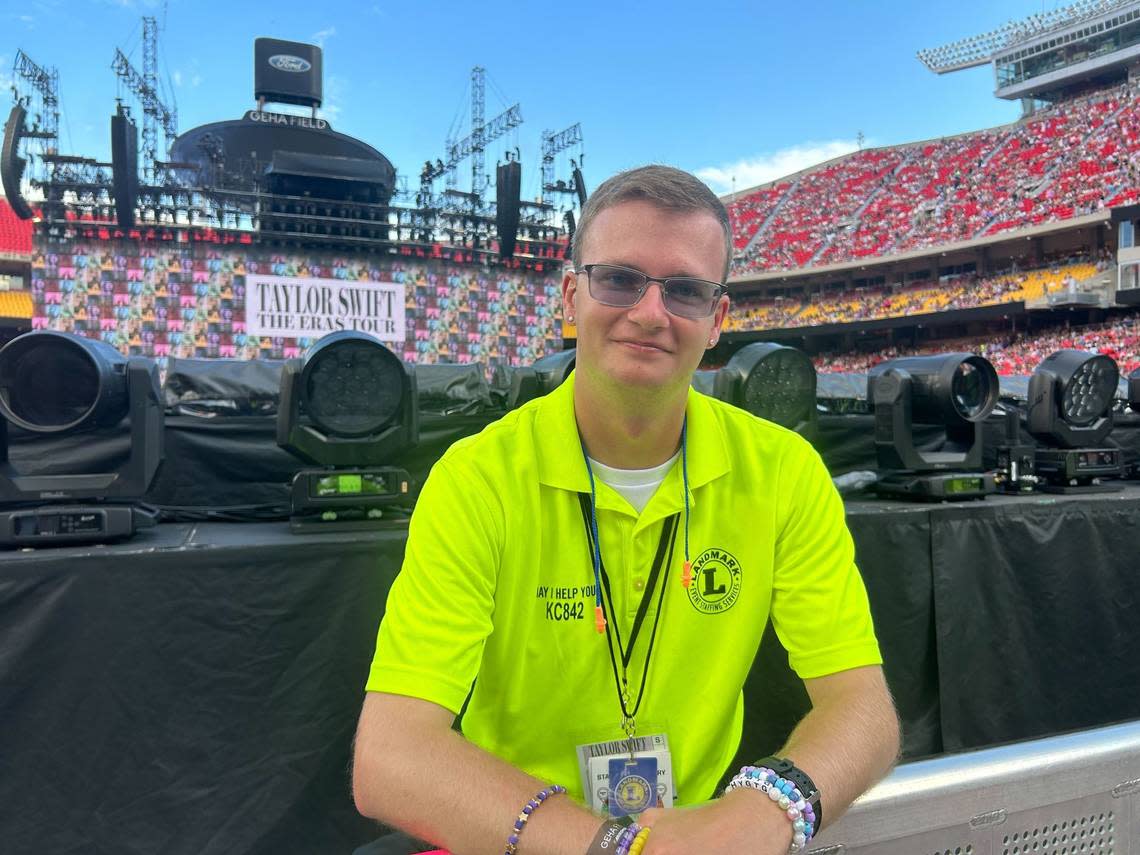 Ashton Reynolds, a security guard with Landmark Security Services, is working the Taylor Swift concert at Arrowhead Stadium.