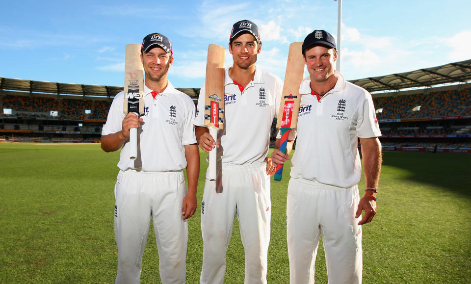 <p>England faced defeat in the first Ashes Test at Brisbane, but it ended in a draw thanks to Cook (235*), Strauss (110) and Trott (135*) as England amassed a massive 517-1 in their second innings (Getty Images) </p>