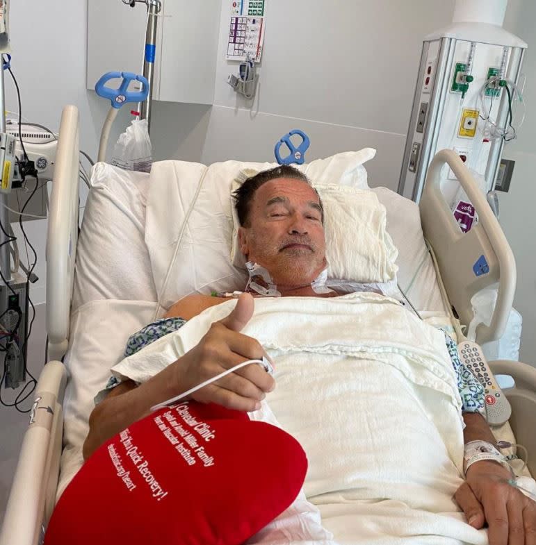 “Thanks to the team at the Cleveland Clinic, I have a new aortic valve to go along with my new pulmonary valve from my last surgery,” Arnold Schwarzenegger captioned a photo of himself recovering from surgery on Oct. 23, 2020. “I feel fantastic and have already been walking the streets of Cleveland enjoying your amazing statues. Thank you to every doc and nurse on my team!”