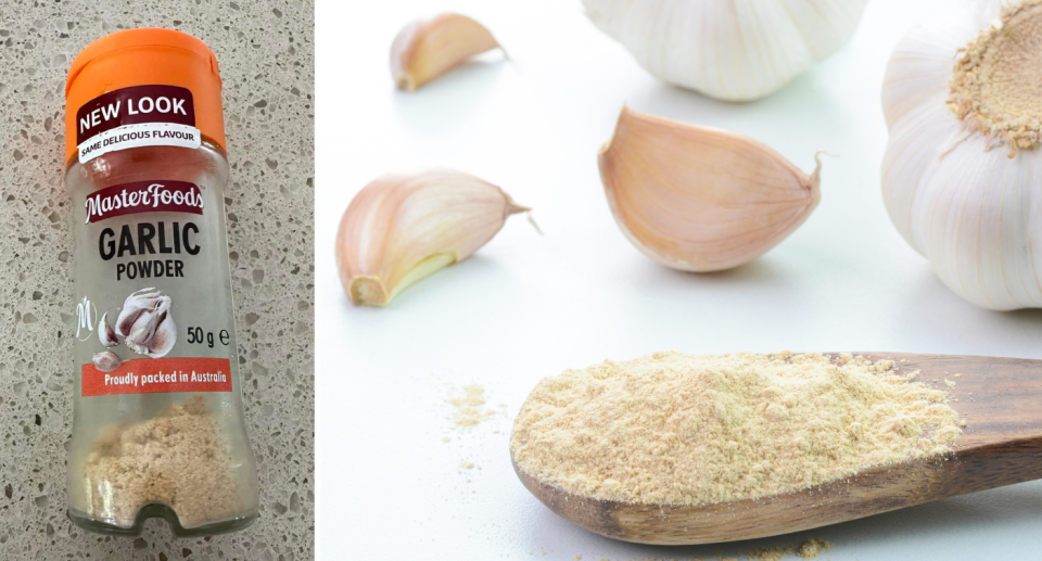 A container of garlic powder (left) and a wooden spoon with garlic powder on it (right) and cloves of garlic in the background.