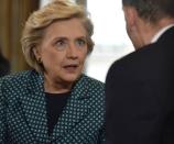 Former U.S. Secretary of State, Hillary Clinton is seen speaking, in this undated photograph received via the BBC, during an interview at Claridge's hotel for the BBC's Andrew Marr Show which was broadcast in London, Britain October 15, 2017. Jeff Overs/BBC/Handout via REUTERS