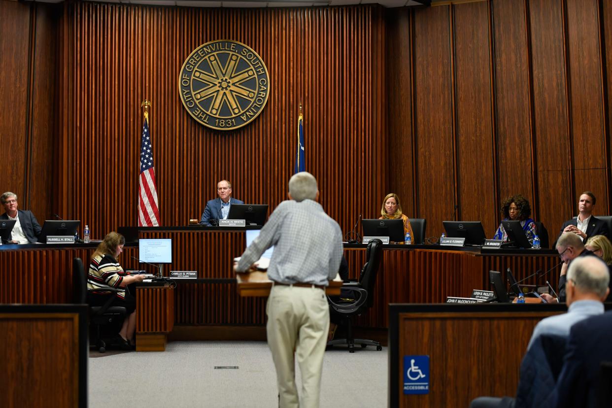 Greenville resident Joe Farmer speaks during a Greenville city council meeting on Monday, Feb. 27, 2023.