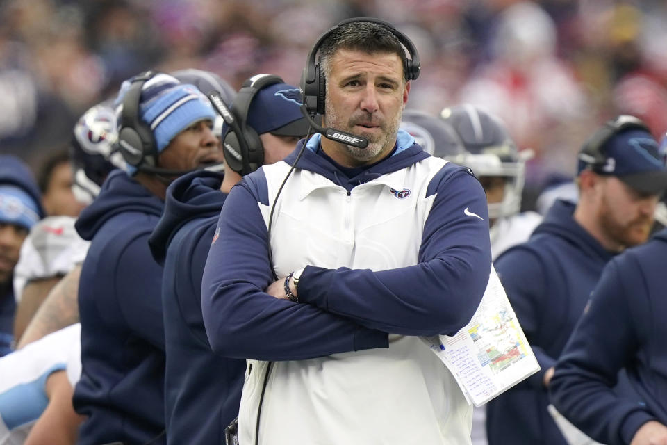 Tennessee Titans head coach Mike Vrabel watches his players during the first half of an NFL football game against the New England Patriots, Sunday, Nov. 28, 2021, in Foxborough, Mass. (AP Photo/Steven Senne)